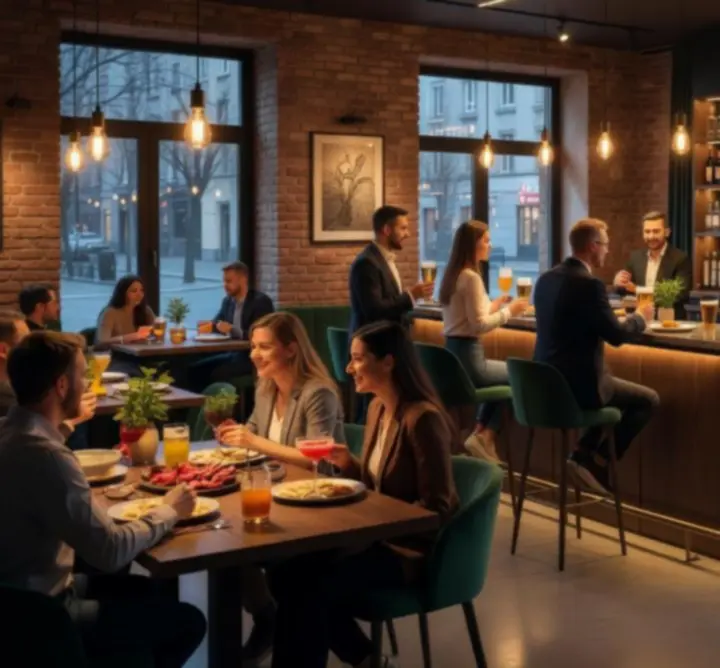 Nowoczesne, nastrojowe wnętrze Rue Creative Paweł Ostrowski z barem i stolikami w strefie restauracyjnej.