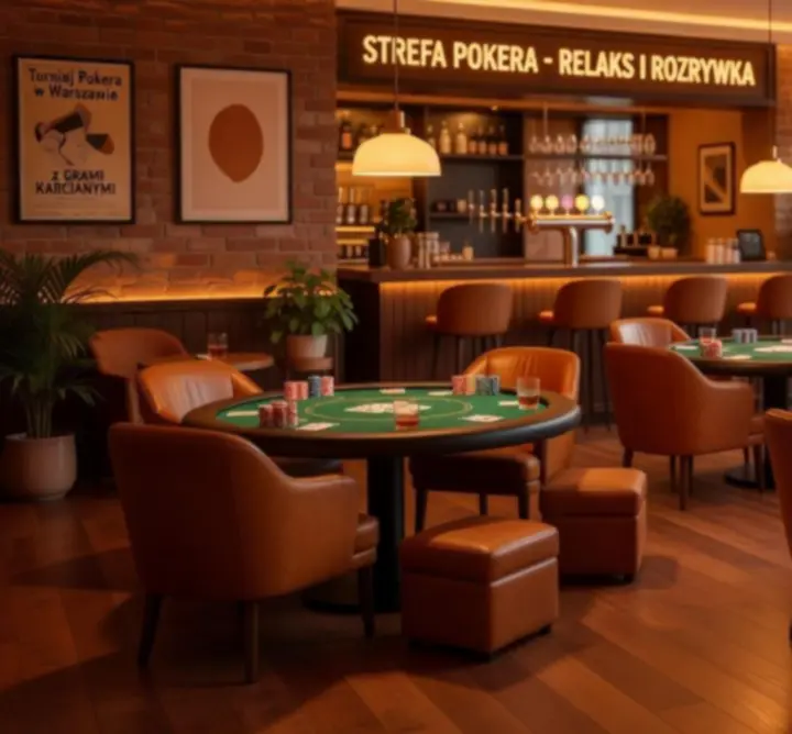 Przytulna, nowoczesna strefa z profesjonalnymi stołami pokerowymi w lokalu Rue Creative Paweł Ostrowski.