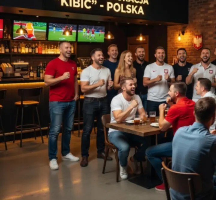 Grupa gości w barze Rue Creative Paweł Ostrowski kibicująca drużynie podczas transmisji sportowej.