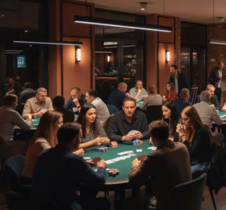 Stół pokerowy w Rue Creative Paweł Ostrowski z kartami i żetonami w nastrojowym oświetleniu