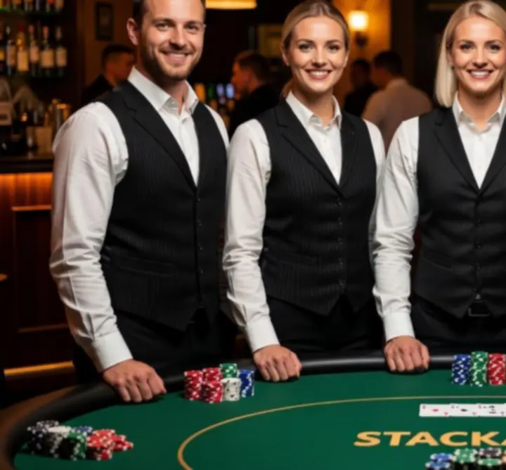 Ekipa pokerowa Rue Creative Paweł Ostrowski przygotowująca stoły i żetony przed turniejem