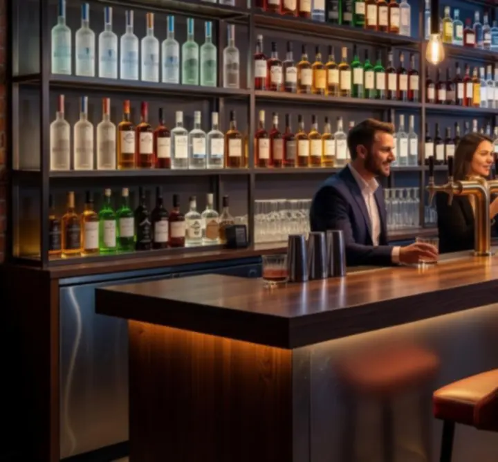 Stylowy bar Rue Creative Paweł Ostrowski z podświetloną półką alkoholi