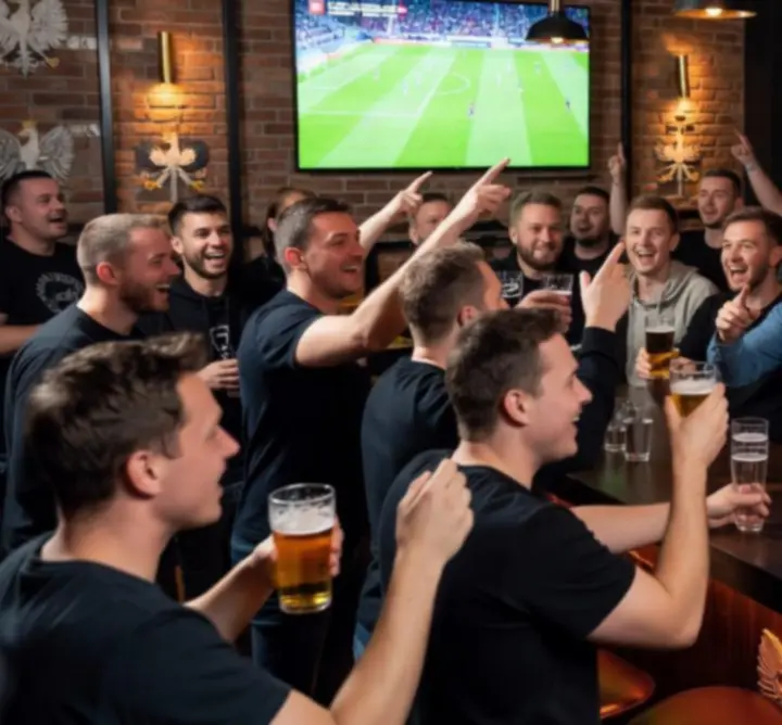 Goście przy barze Rue Creative Paweł Ostrowski oglądający na ekranach transmisję sportową