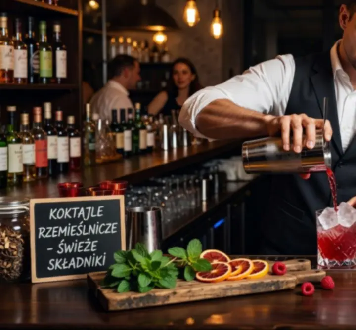 Barman w Rue Creative Paweł Ostrowski serwujący kolorowe koktajle przy barze